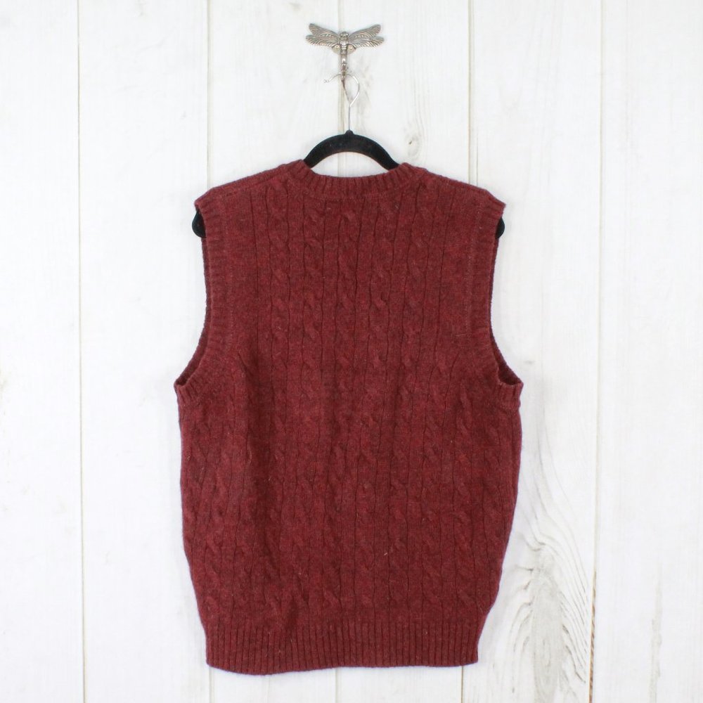 LL Bean Red 100% Wool Shetland V-Neck Cable Knit Pullover Vest Size L - Picture 8 of 9
